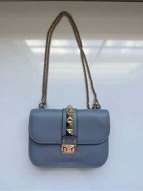 Valentino Blue Leather Crossbody with Gold Pyramid Studs